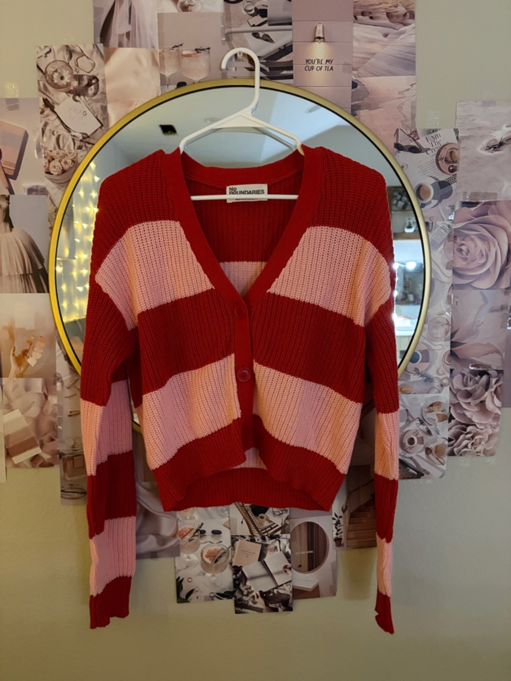 No Boundaries Red and Pink Chunky Striped V-Neck Cardigan